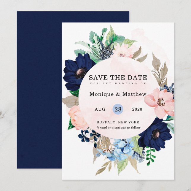 Chic Navy Blush Pink Floral Wedding Save The Date Invitation (Front/Back)