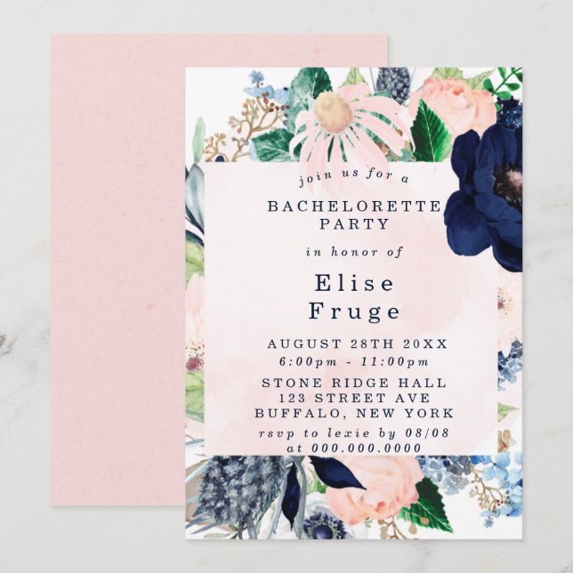 Chic Navy Blush Pink Florals Bachelorette Party Invitation (Front/Back)