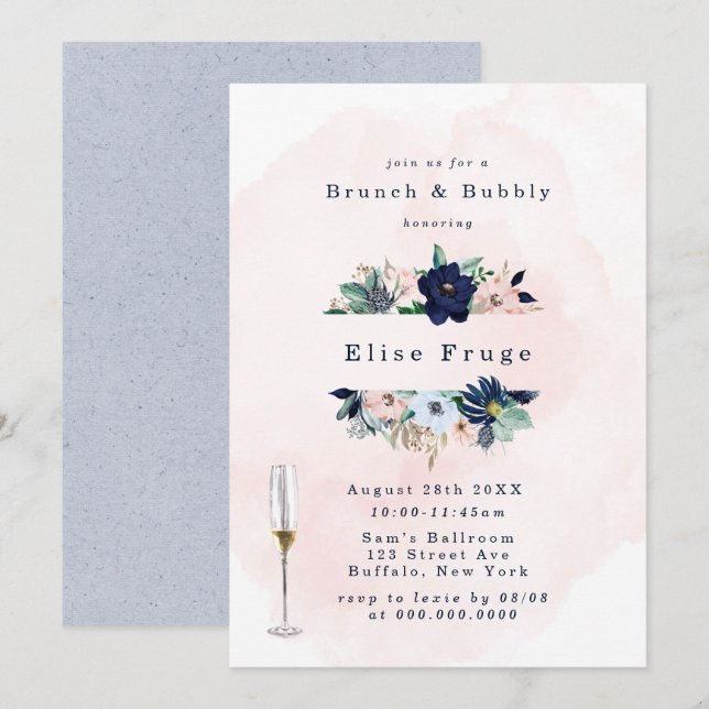 Chic Navy Blush Pink Florals Brunch & Bubbly Invit Invitation (Front/Back)