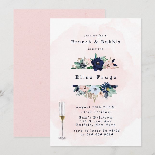 Chic Navy Blush Pink Florals Brunch & Bubbly Invitation (Front/Back)