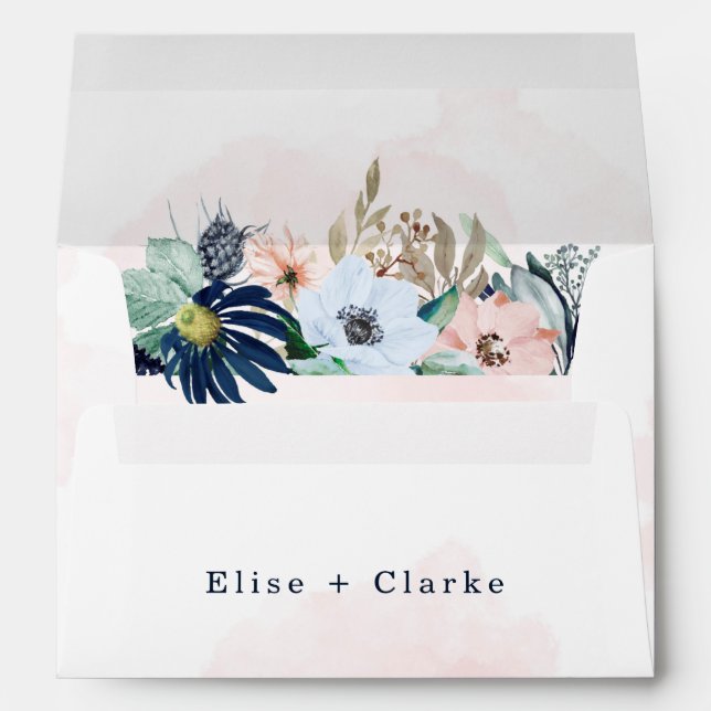 Chic Navy Blush Pink Painted Floral Wedding Envelope (Back (Bottom))