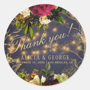 Chic navy burgundy gold floral wedding thank you classic round sticker