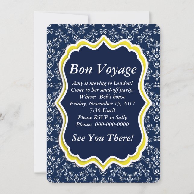 Chic Navy Damask Floral "Bon Voyage" Invitation (Front)