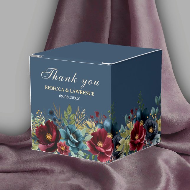Chic navy dusty blue burgundy flowers wedding favour box (Creator Uploaded)
