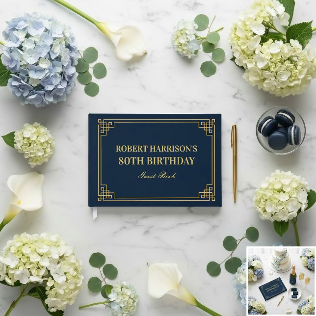 Chic Navy Gold Art Deco 80th Birthday Celebration Guest Book (SEE FULL SUITE AT BOTTOM)