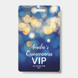 Chic Navy Gold Bokeh Quinceañera Invite VIP Pass ID Badge