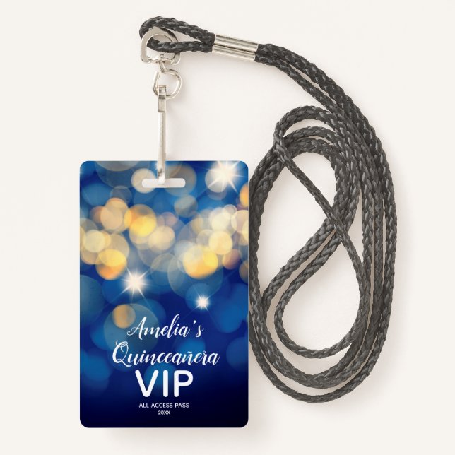 Chic Navy Gold Bokeh Quinceañera Invite VIP Pass ID Badge (Front with Lanyard)