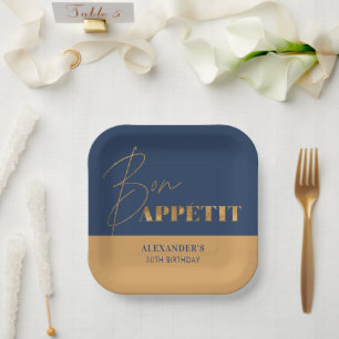 Chic Navy Gold Bon Appétit Script Birthday Paper Plate
