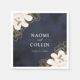 Chic Navy & Gold Floral Wedding Napkin