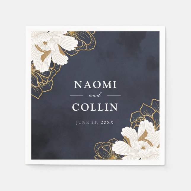 Chic Navy & Gold Floral Wedding  Napkin (Front)