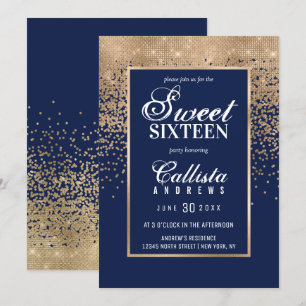 Chic Navy Gold Glitter Confetti Photo Sweet 16 Invitation