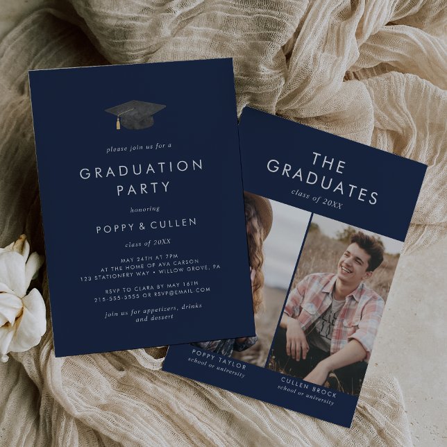 Chic Navy Grad Cap Photo Double Graduation Party Invitation (Creator Uploaded)