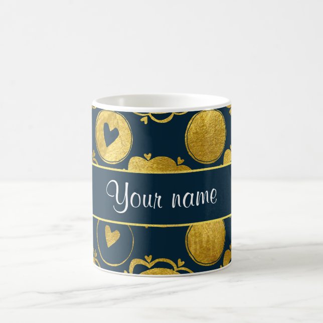 Chic Navy Hearts Gold Circles Coffee Mug (Center)