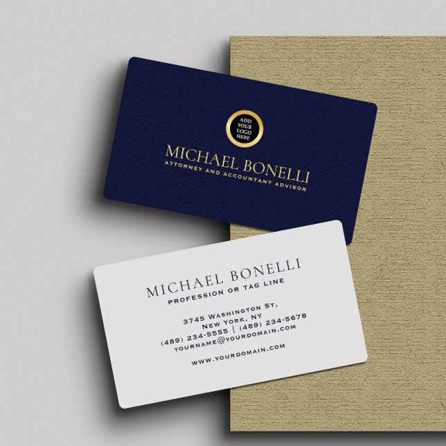 Chic Navy Leather Professional Round Gold Logo Business Card (Creator Uploaded)