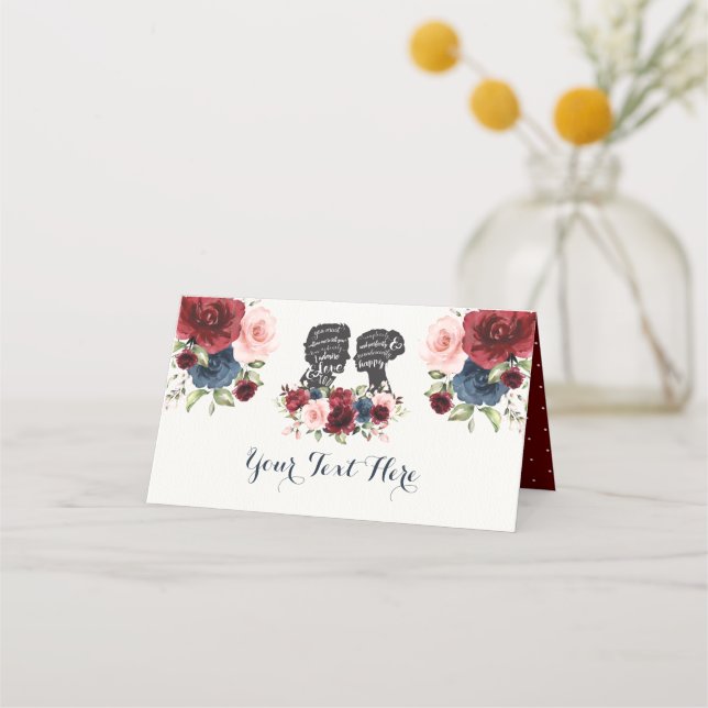 Chic  Navy Maroon Flower Bride Groom Silhouettes Place Card (Front)