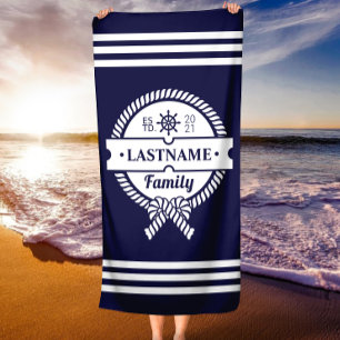 Chic Navy Nautical Rope Personalised Beach Towel