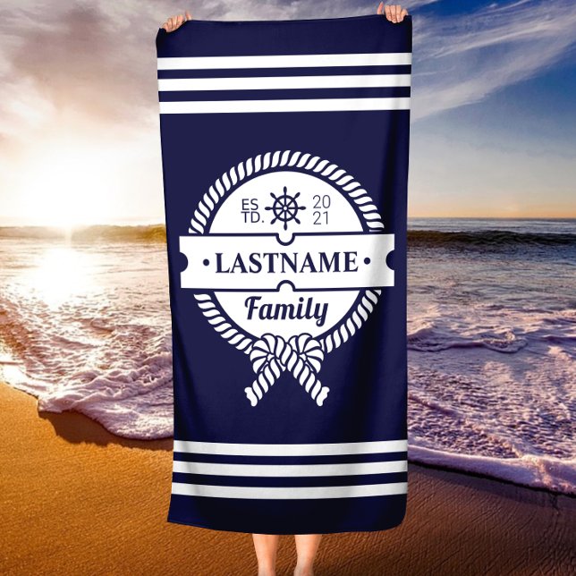 Chic Navy Nautical Rope Personalised Beach Towel (Chic Navy Nautical Rope Personalized Beach Towel)