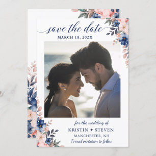 Chic Navy Peach Floral Photo Save The Date Card