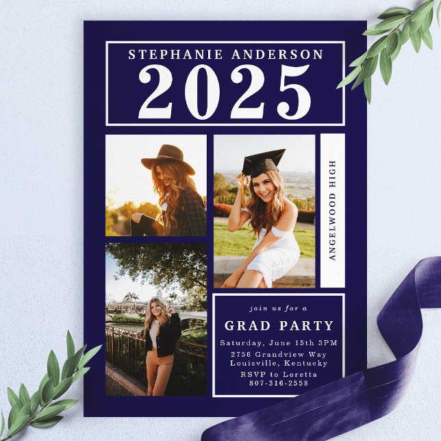 Chic Navy Photo Collage Graduation Party Invitation (Creator Uploaded)