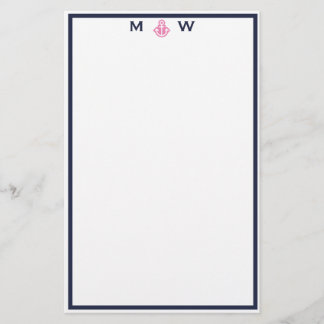 Chic Navy & Pink Anchor Monogram Stationery