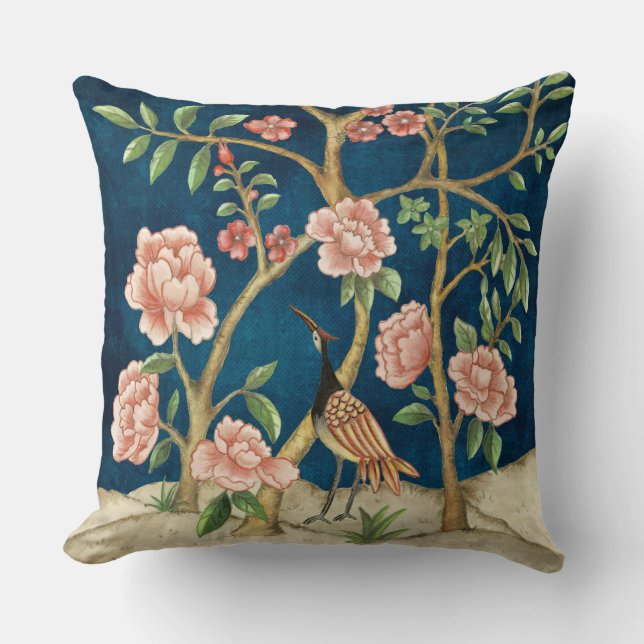 Chic Navy Pink Chinoiserie Floral Bird Greenery Cushion (Front)