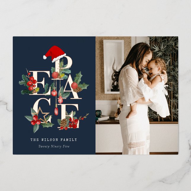 Chic Navy Red Green Photo Peace Christmas Foliage Foil Holiday Card (Front)