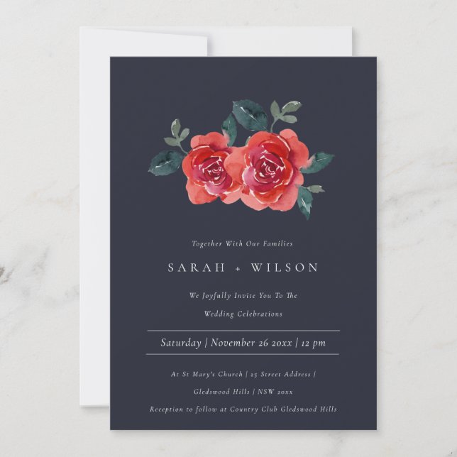 CHIC NAVY RED GREEN ROSE FLORAL WEDDING INVITE (Front)