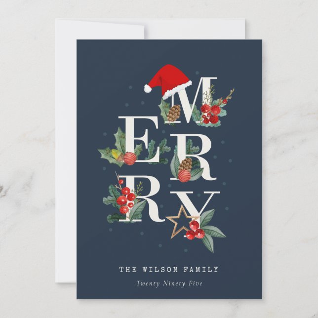 Chic Navy Red Green White Merry Christmas Foliage Holiday Card (Front)