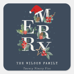 Chic Navy Red Green White Merry Christmas Foliage Square Sticker