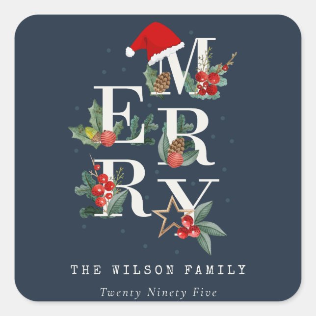 Chic Navy Red Green White Merry Christmas Foliage Square Sticker (Front)