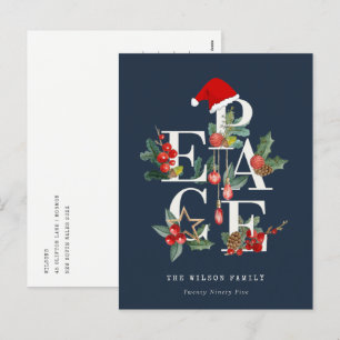 Chic Navy Red Green White Peace Christmas Foliage Holiday Postcard