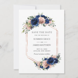 Chic Navy Rose Gold Blush Floral Wedding Geometric Save The Date