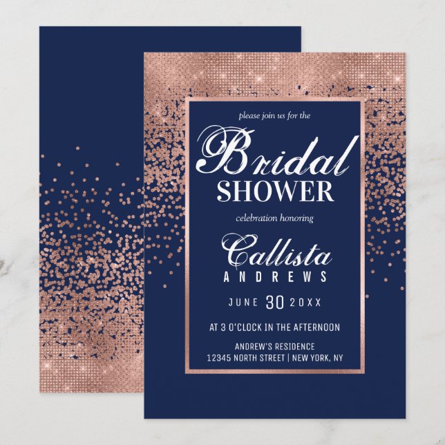Chic Navy Rose Gold Glitter Confetti Bridal Shower Invitation (Front/Back)