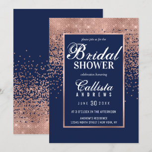 Chic Navy Rose Gold Glitter Confetti Bridal Shower Invitation