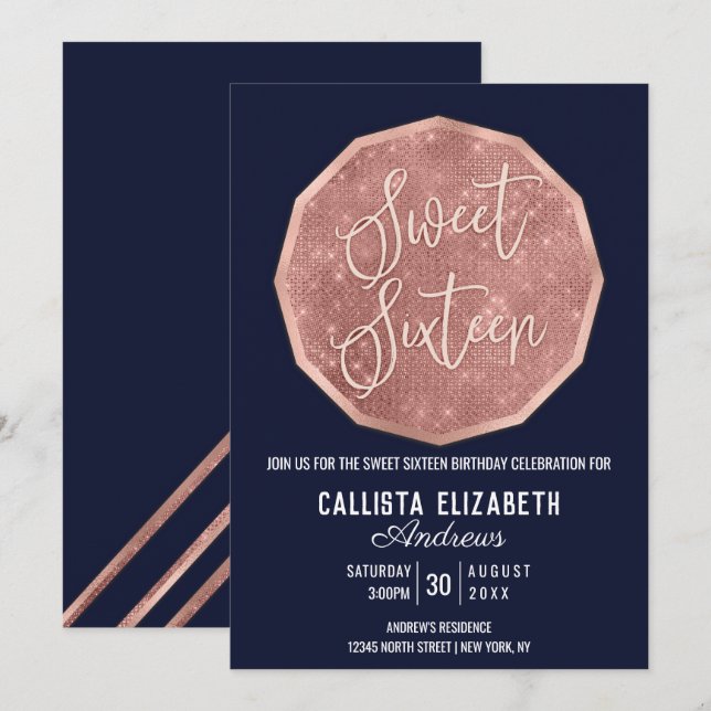 Chic Navy Rose Gold Glitter Polygon Geo Sweet 16 Invitation (Front/Back)