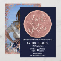 Chic Navy Rose Gold Glitter Polygon Photo Sweet 16