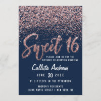 Chic Navy Rose Gold Scattered Glitter Sweet 16