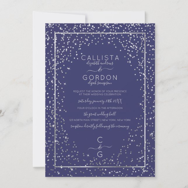 Chic Navy Silver Glitter Confetti Border Wedding Invitation (Front)