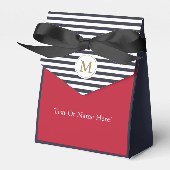 Chic Navy Stripes Red Colour Block Monogram Weddin Favour Box (Front Side)