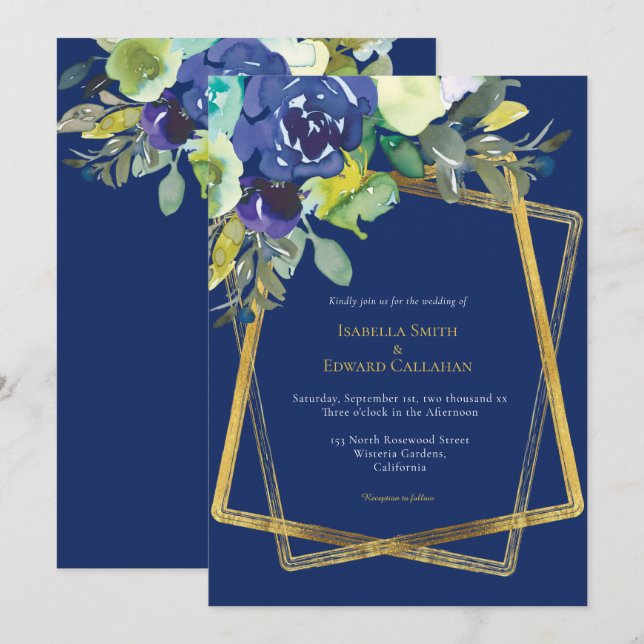 Chic Navy Watercolor Floral Gold Geometric Frame Invitation (Front/Back)