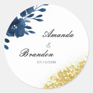 Chic Navy Watercolor Flowers Gold Glitter Wedding Classic Round Sticker