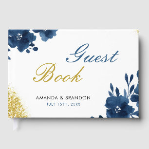 Chic Navy Watercolor Flowers Gold Glitter Wedding Guest Book
