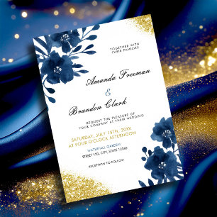 Chic Navy Watercolor Flowers Gold Glitter Wedding Invitation