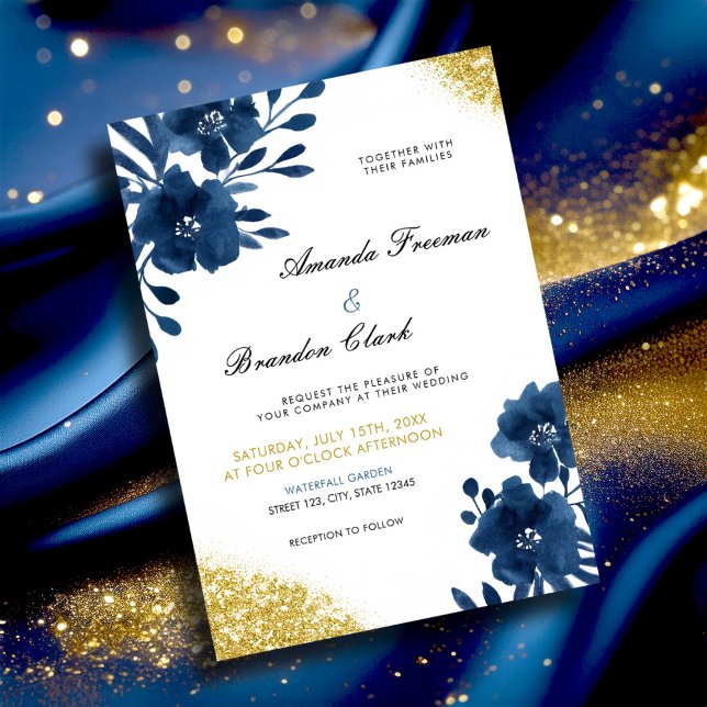 Chic Navy Watercolor Flowers Gold Glitter Wedding Invitation (Creator Uploaded)