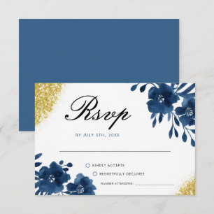 Chic Navy Watercolor Flowers Gold Glitter Wedding RSVP Card