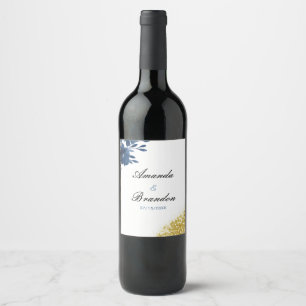 Chic Navy Watercolor Flowers Gold Glitter Wedding Wine Label