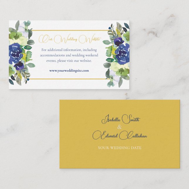 Chic Navy Watercolor Roses Mustard Wedding Website Enclosure Card (Front/Back)