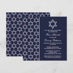 Chic Navy & White Jewish Star Of David Bar Mitzvah Invitation