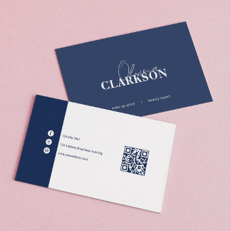 Chic Navy White Minimalist Qr Code Business Card