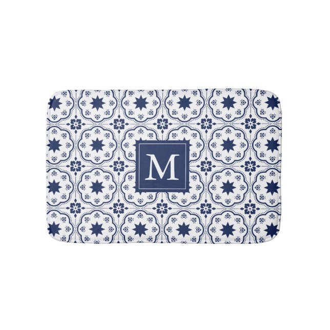 Chic Navy & White Moroccan Floral Pattern Monogram Bath Mat (Front)